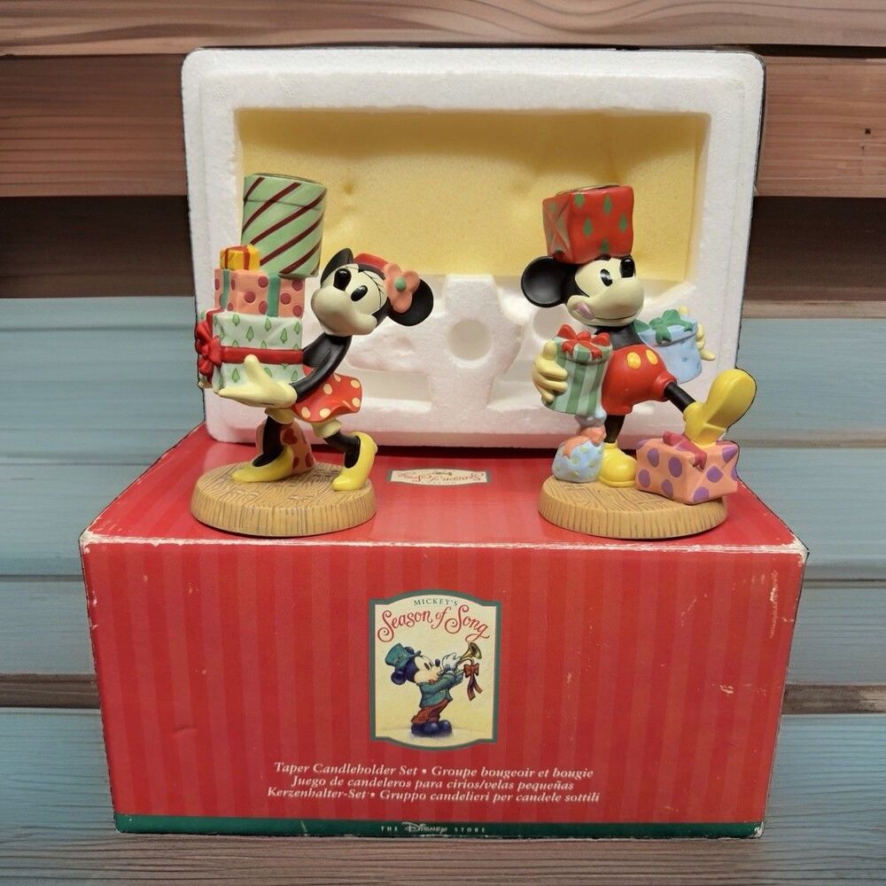 VINTAGE - Mickey & Minnie Mouse “Christmas At Our House” Candle Holders - 1995